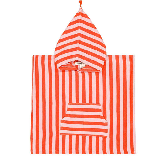 Red and pink striped hooded towel on a white background