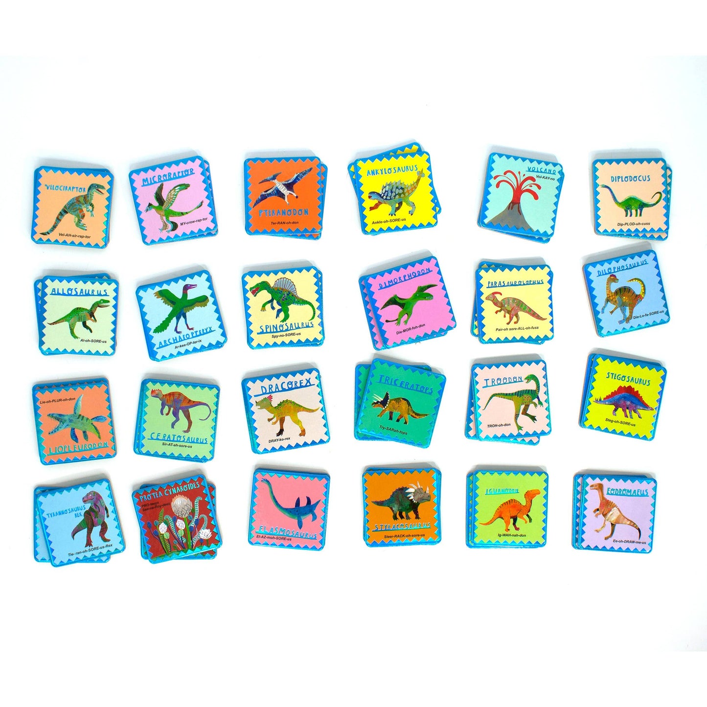 Set of colorful children's stickers with dinosaur illustrations on a white background