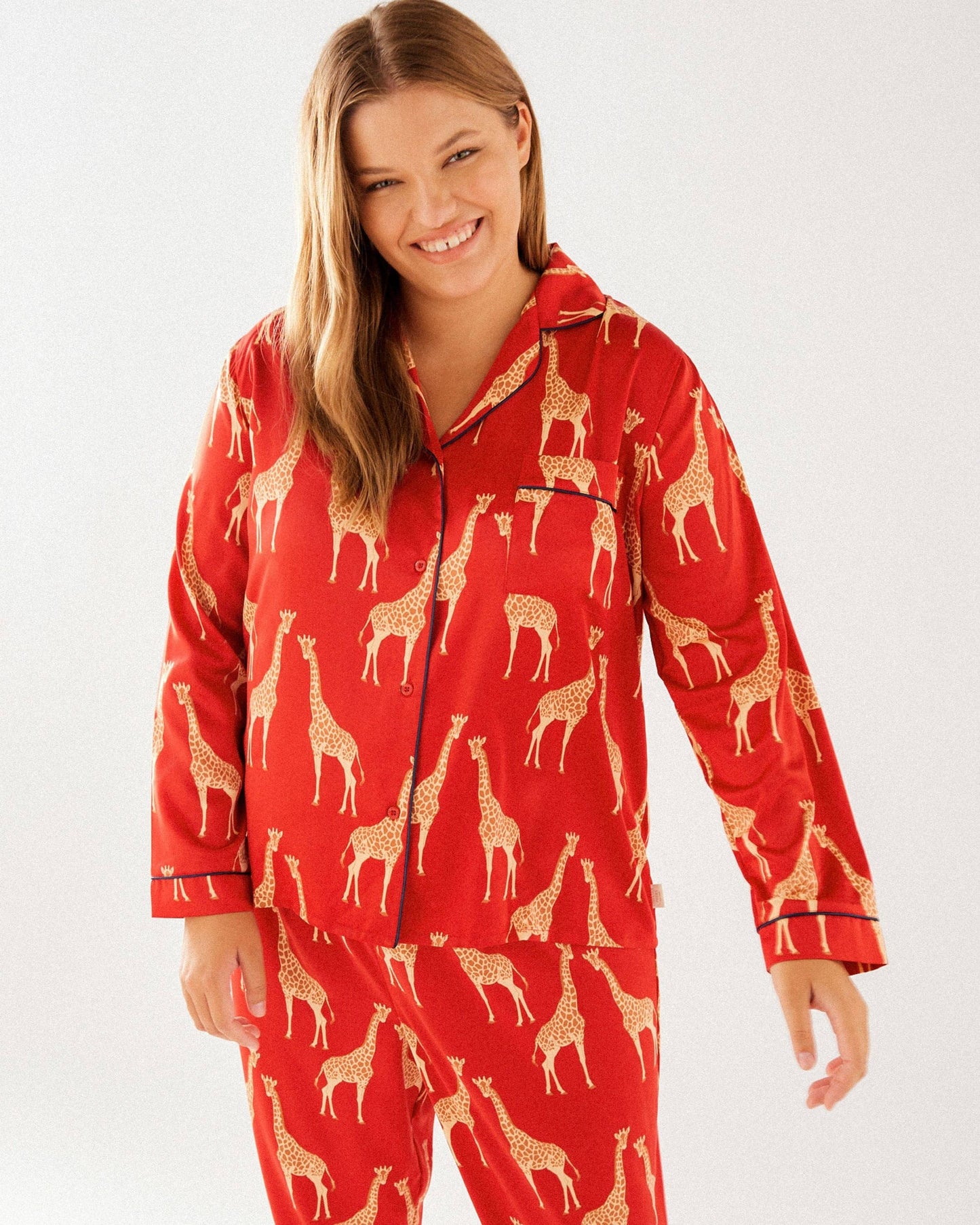 Satin Red Giraffe Print Long Pajama Set