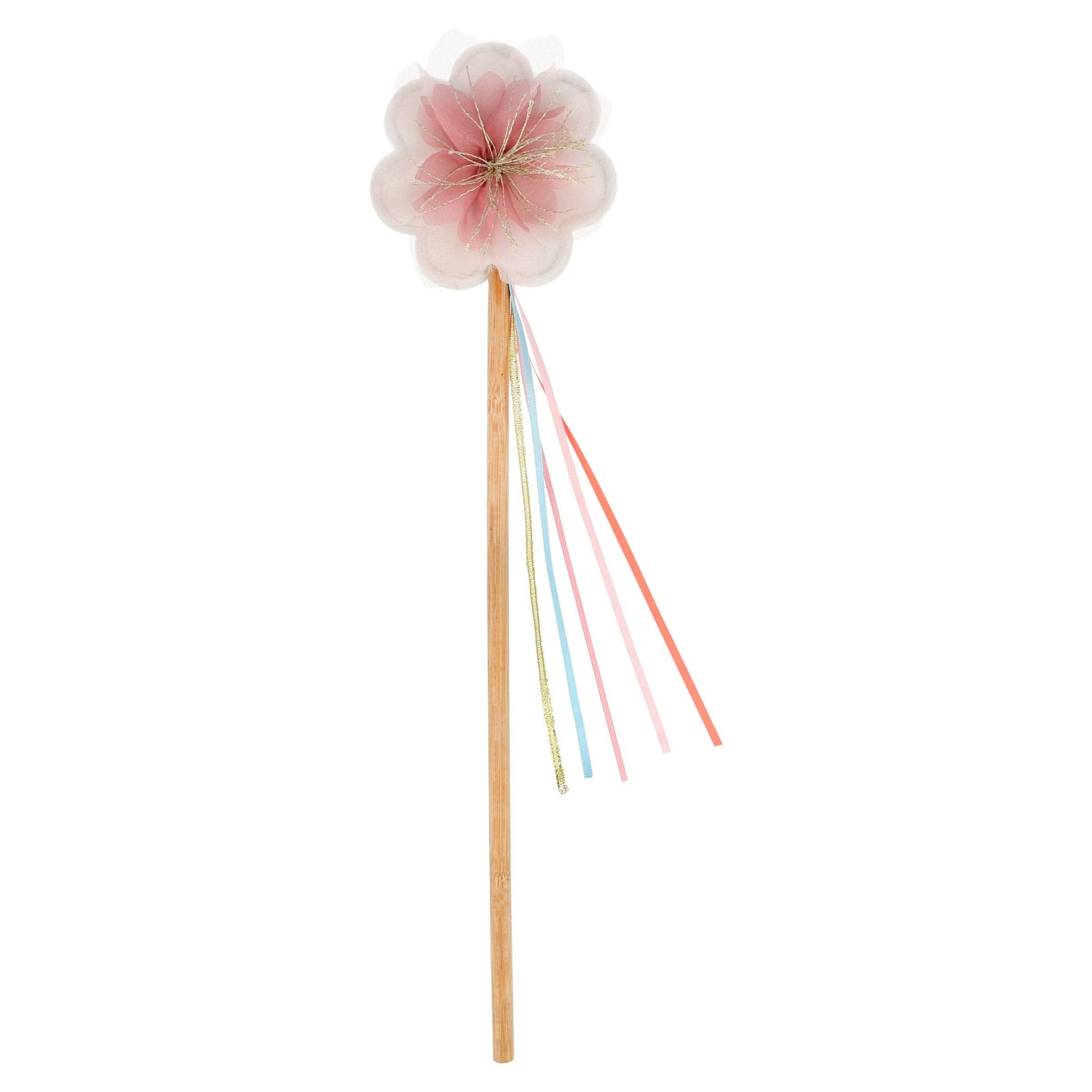 Decorative hair stick with a pink flower and colorful ribbons on a white background