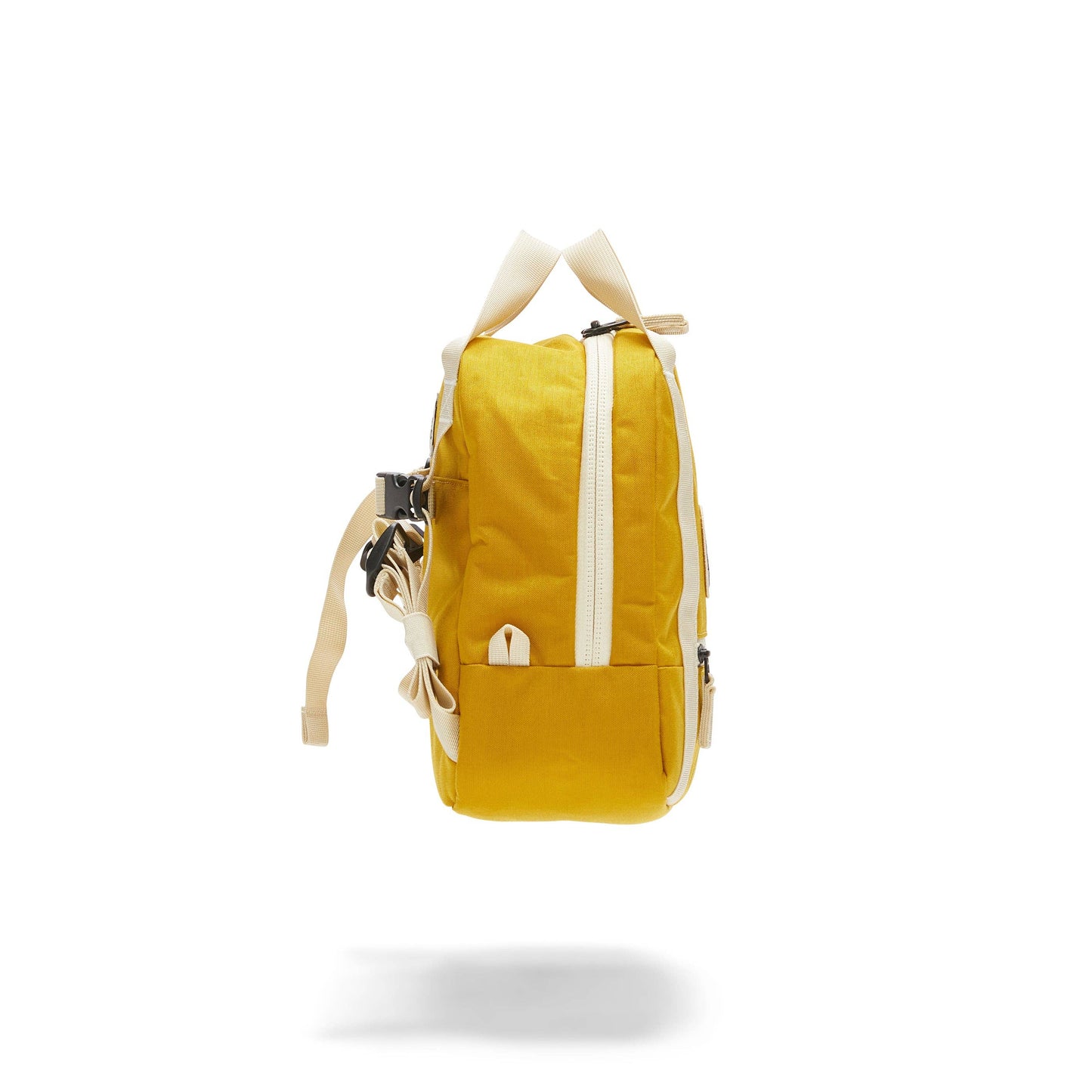 side view of the yellow walker goods kids backpack, on a white background