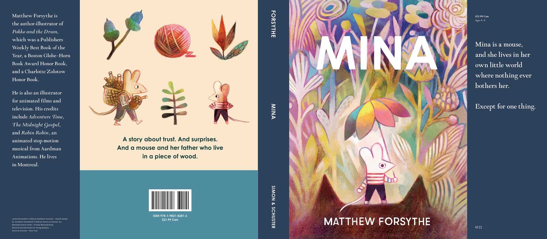 Book cover of 'Mina' by Matthew Forsythe with colorful illustrations and text.