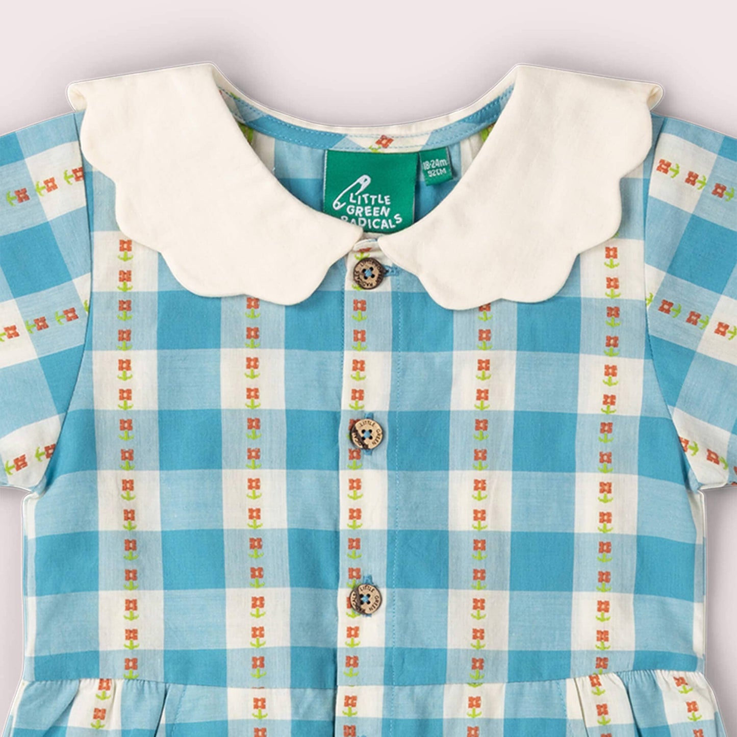 Blue checkered dress with white collar and colorful patterns on a white background