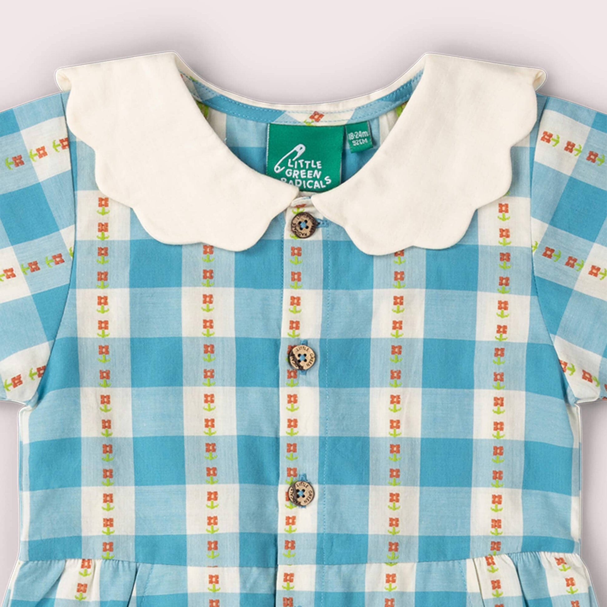 Blue checkered dress with white collar and colorful patterns on a white background