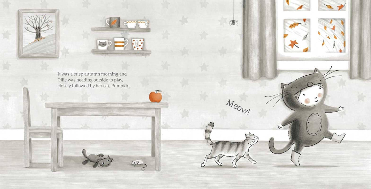 Illustration of a child in a cat costume playing with a toy mouse on a wooden floor.