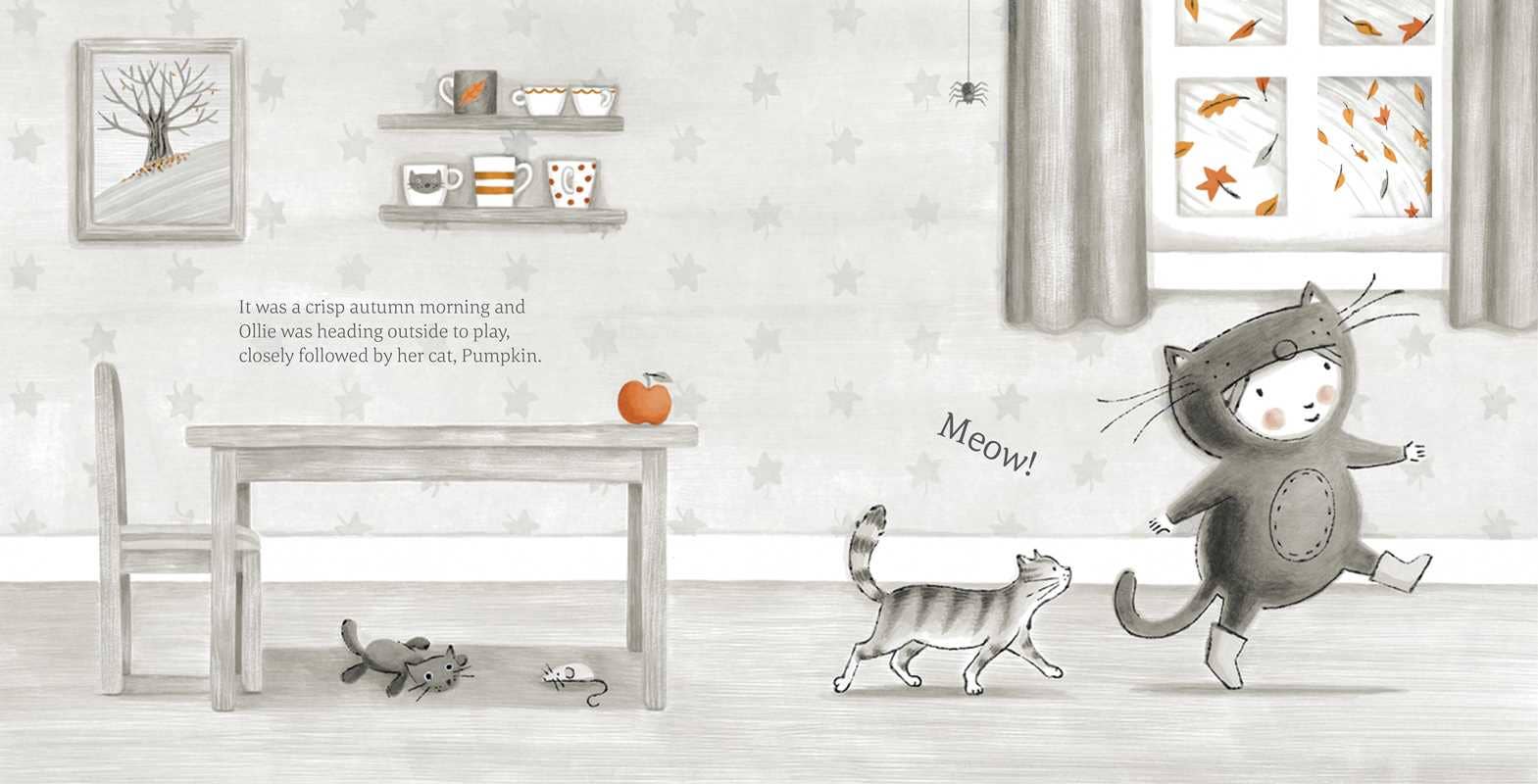 Illustration of a child in a cat costume playing with a toy mouse on a wooden floor.