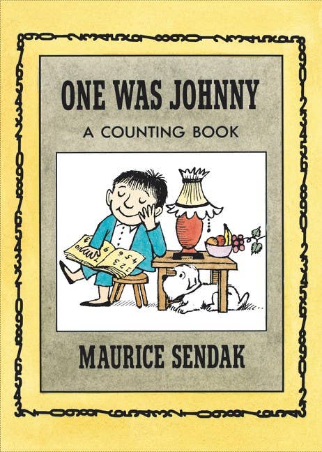 Book cover of 'One Was Johnny' by Maurice Sendak with a child at a table and decorative elements.