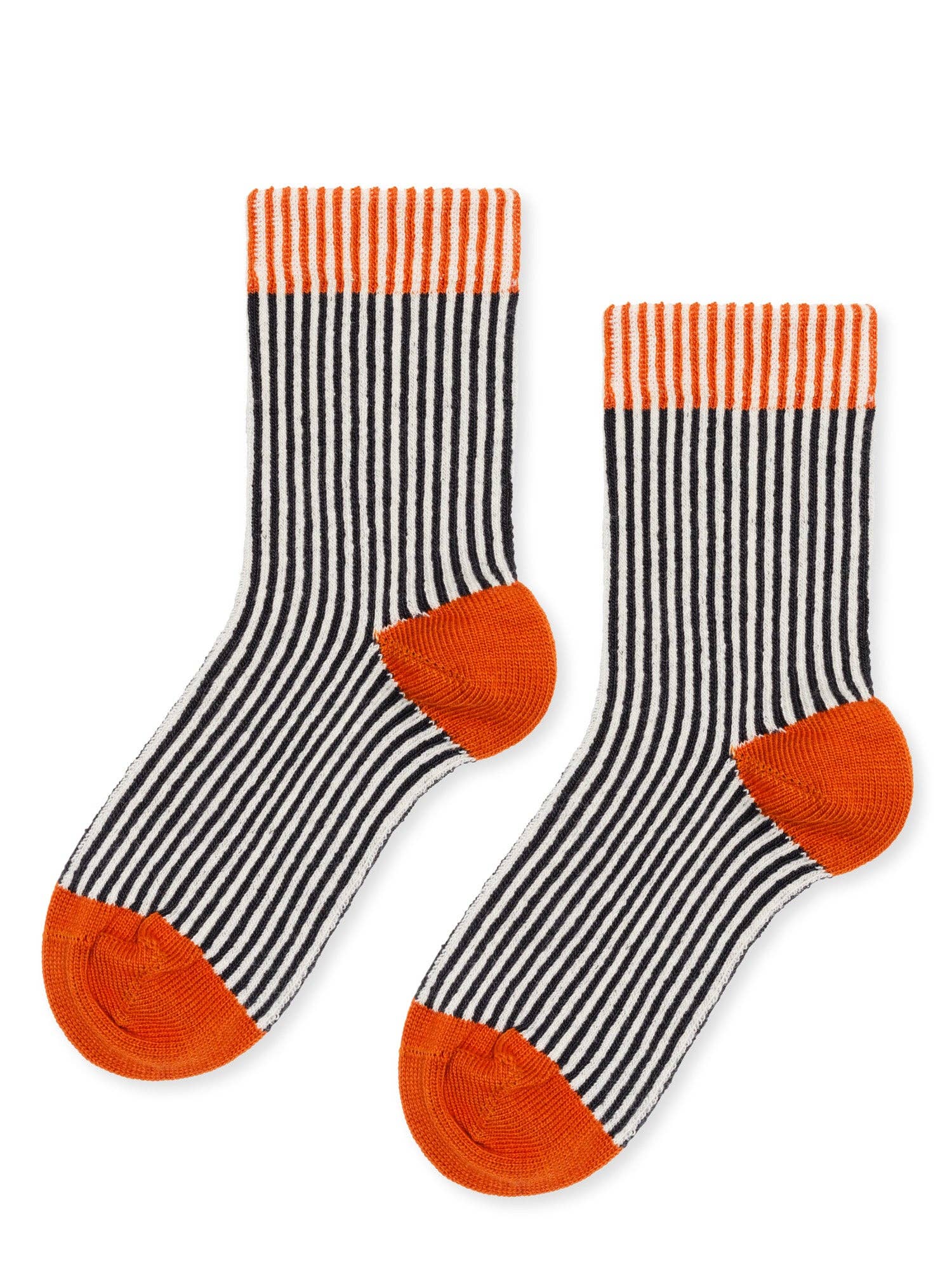 Black and white striped socks with orange accents on a white background