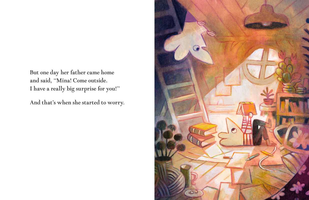 Illustration of a child's room with a cat and text about a father's surprise.