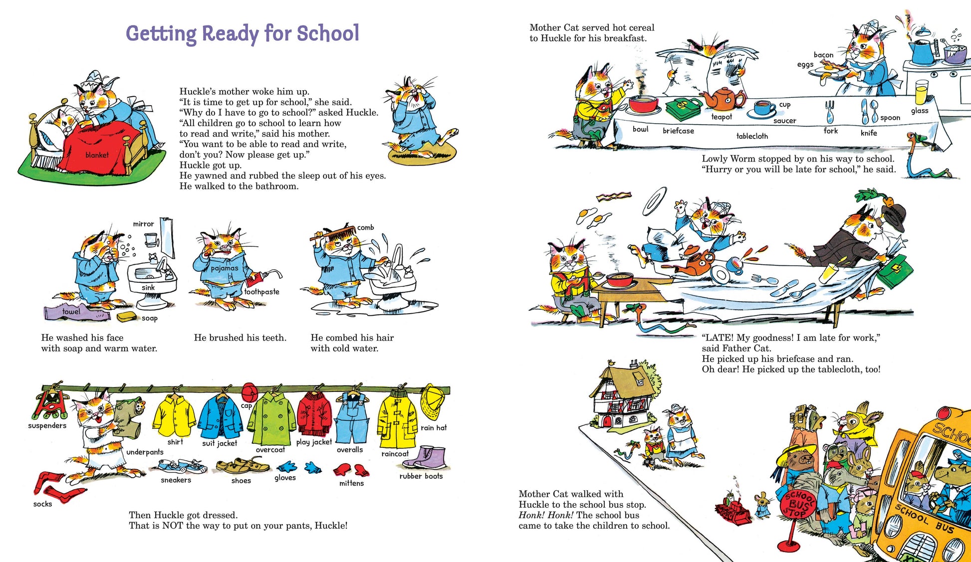 Comic strip titled 'Getting Ready for School' with cartoon characters and text.