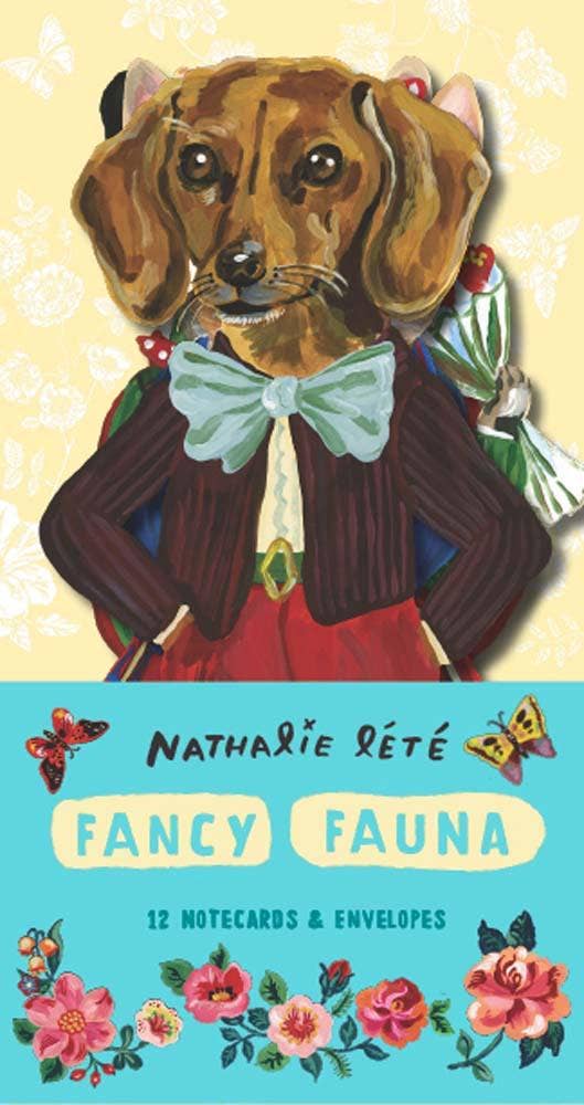 Note cards with a dachshund in a suit and bow tie, surrounded by flowers and text 'Nathalie Leté Fancy Fauna'.