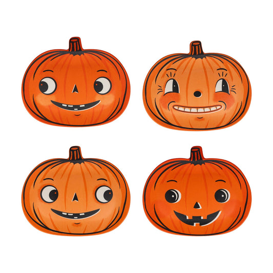 Four orange jack-o'-lantern pumpkin shapes arranged in a 2x2 grid on a plain white background, each with a different cartoon face in black, white, and orange.