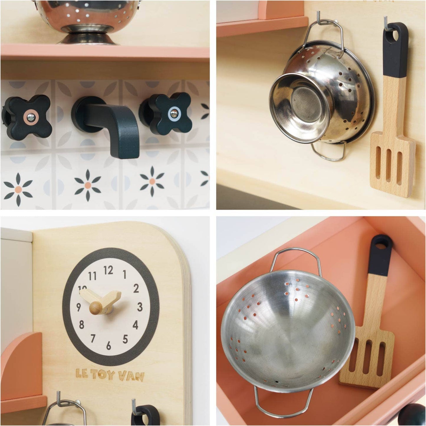 Collage of toy kitchen items including a clock, colander, and spatula.