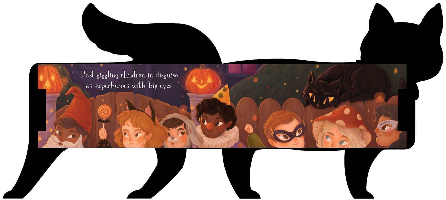 Halloween-themed product with cartoon characters and pumpkins on a black cat-shaped background.