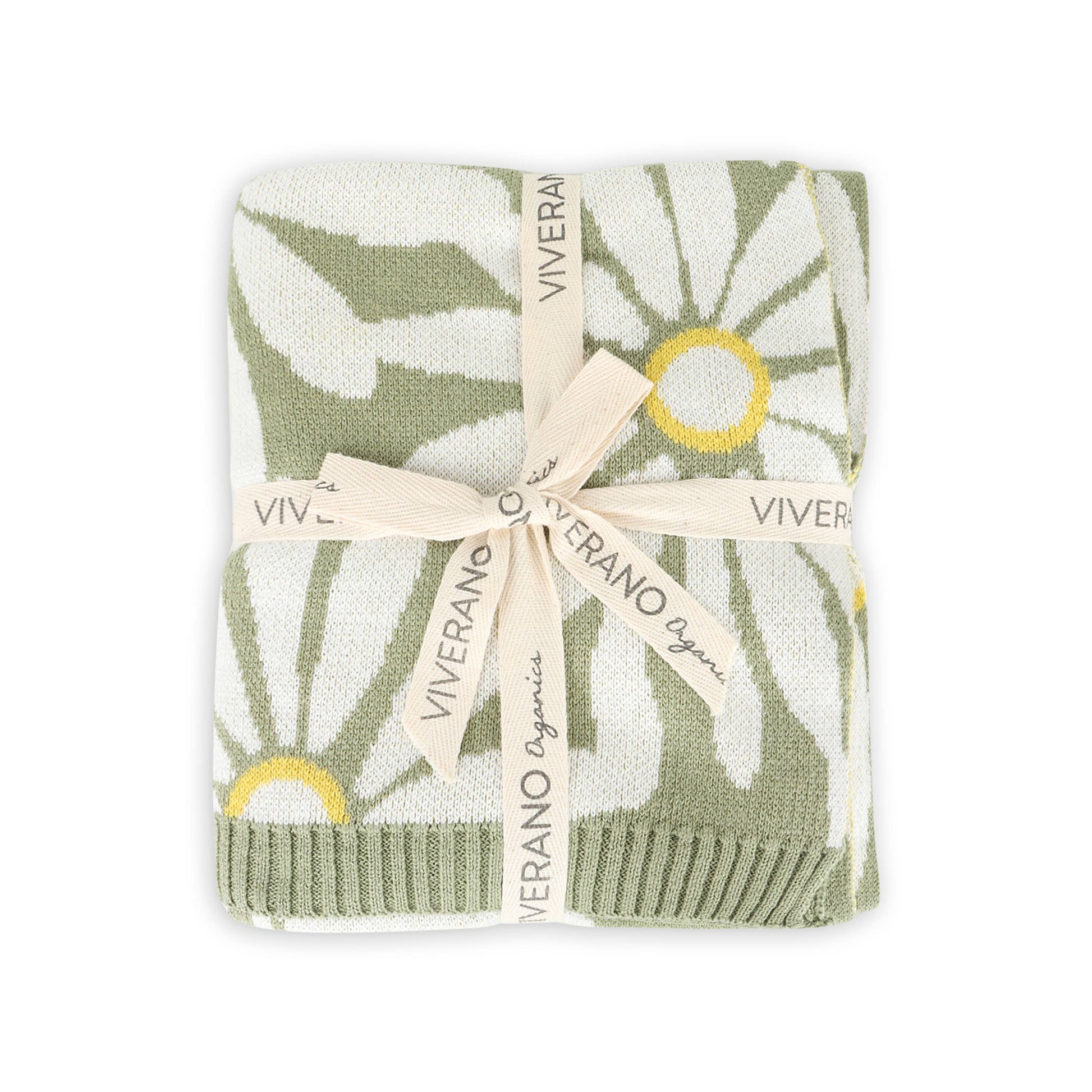 Folded blanket with floral pattern and 'Viverano' branding on a white background