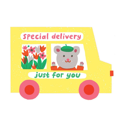 Illustration of a yellow delivery truck with a mouse character and flowers, on a white background.