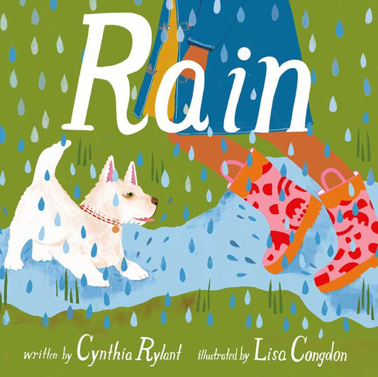 Book cover of 'Rain' featuring a person with a dog in the rain, illustrated by Lisa Congdon.