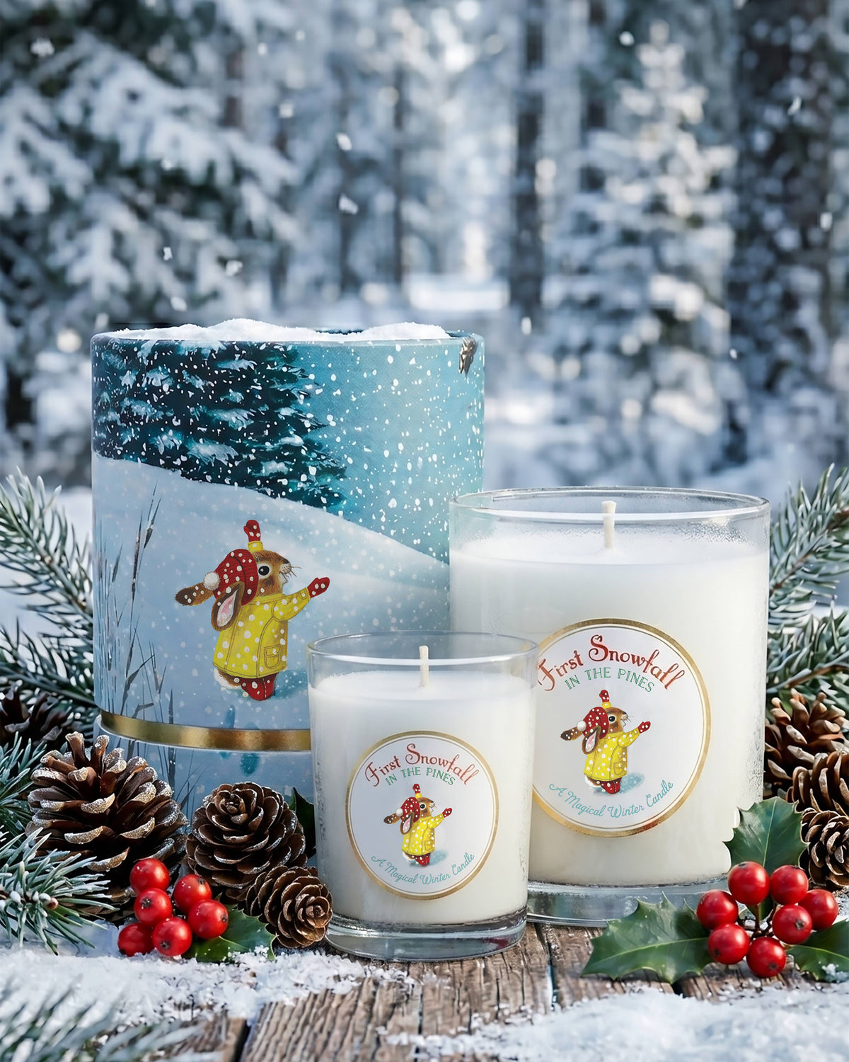 First Snowfall in the Pines candles and gift box in a snowy pine forest with pinecones and berries