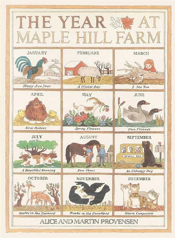 Illustrated calendar titled 'The Year at Maple Hill Farm' by Alice and Martin Provensen, featuring seasonal scenes with animals and activities.