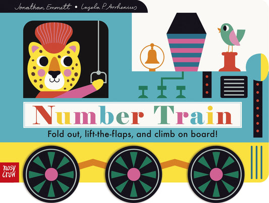 cover of Number Train board book with train illustration with a cheetah as the engineer