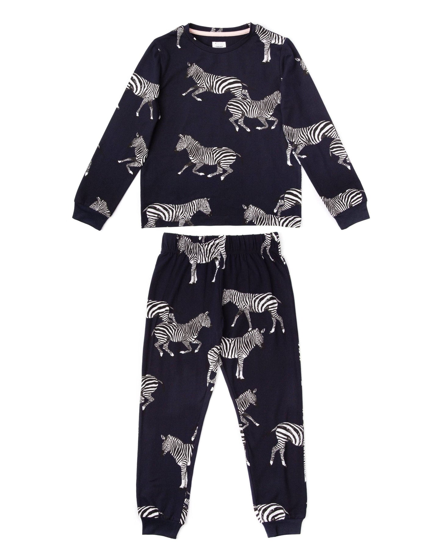 Kids' Navy Zebra Print Long Pajama Set