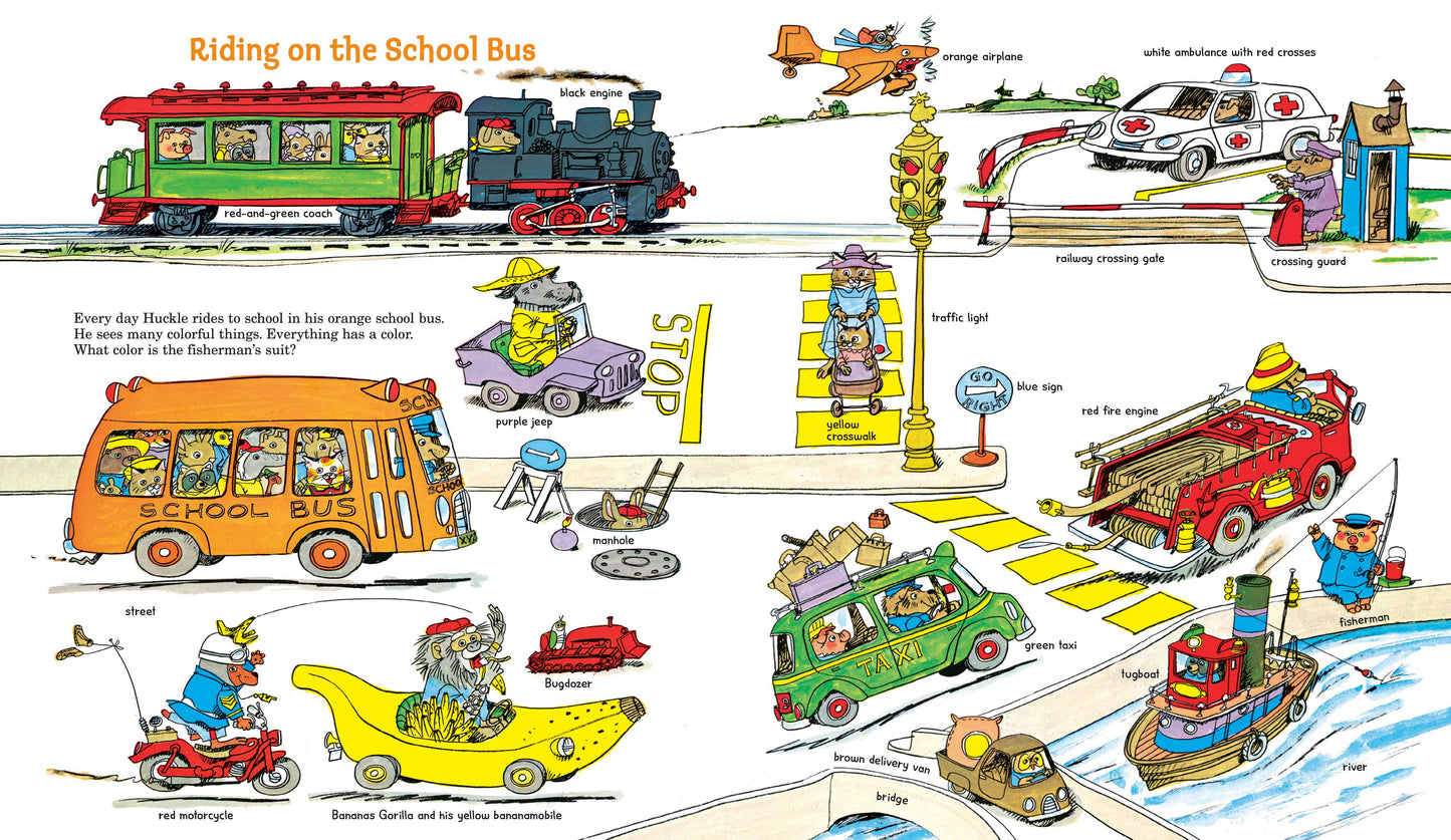 Illustrated children's poster showing various vehicles and a school bus.
