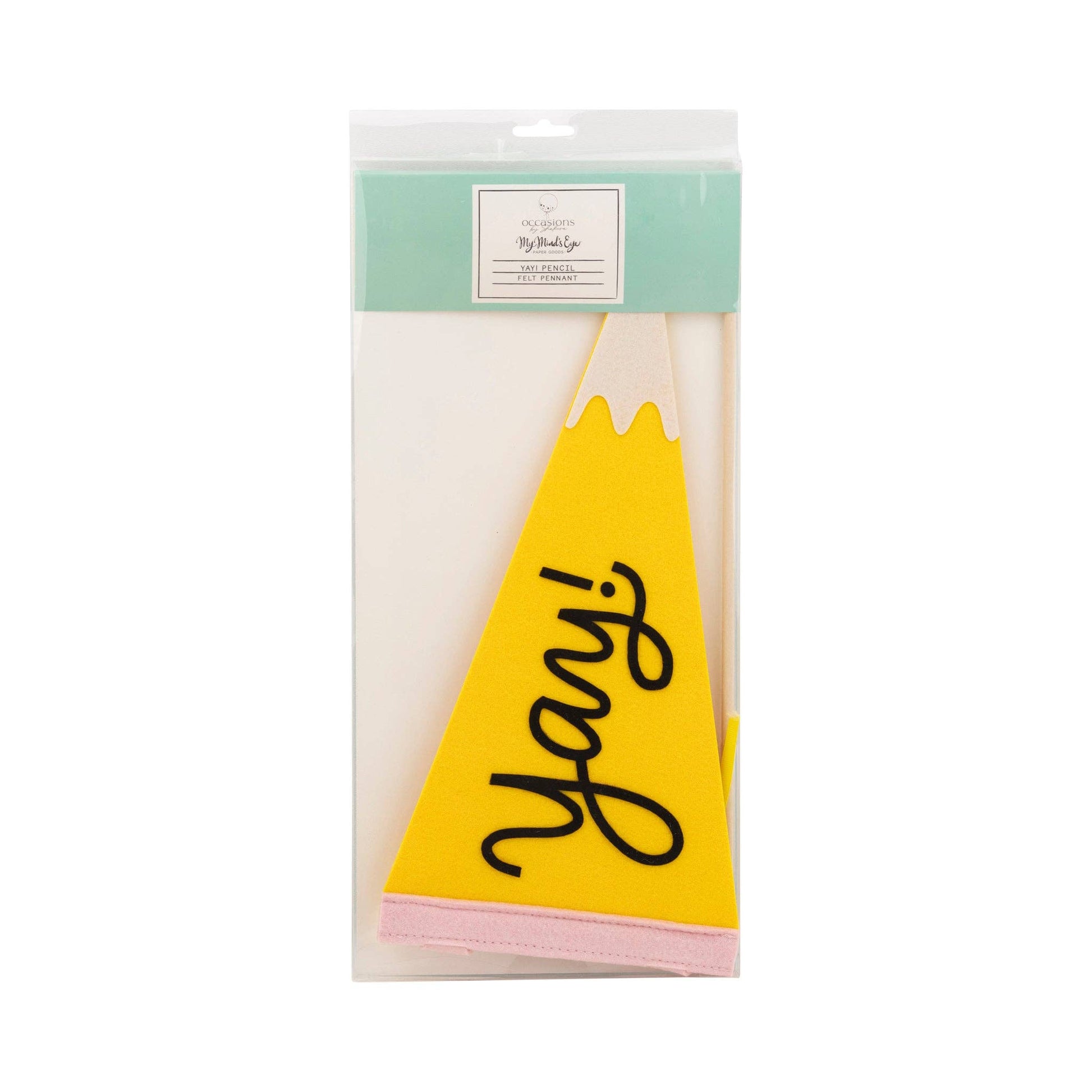 Plastic package containing "Yay" pennant, on a white background