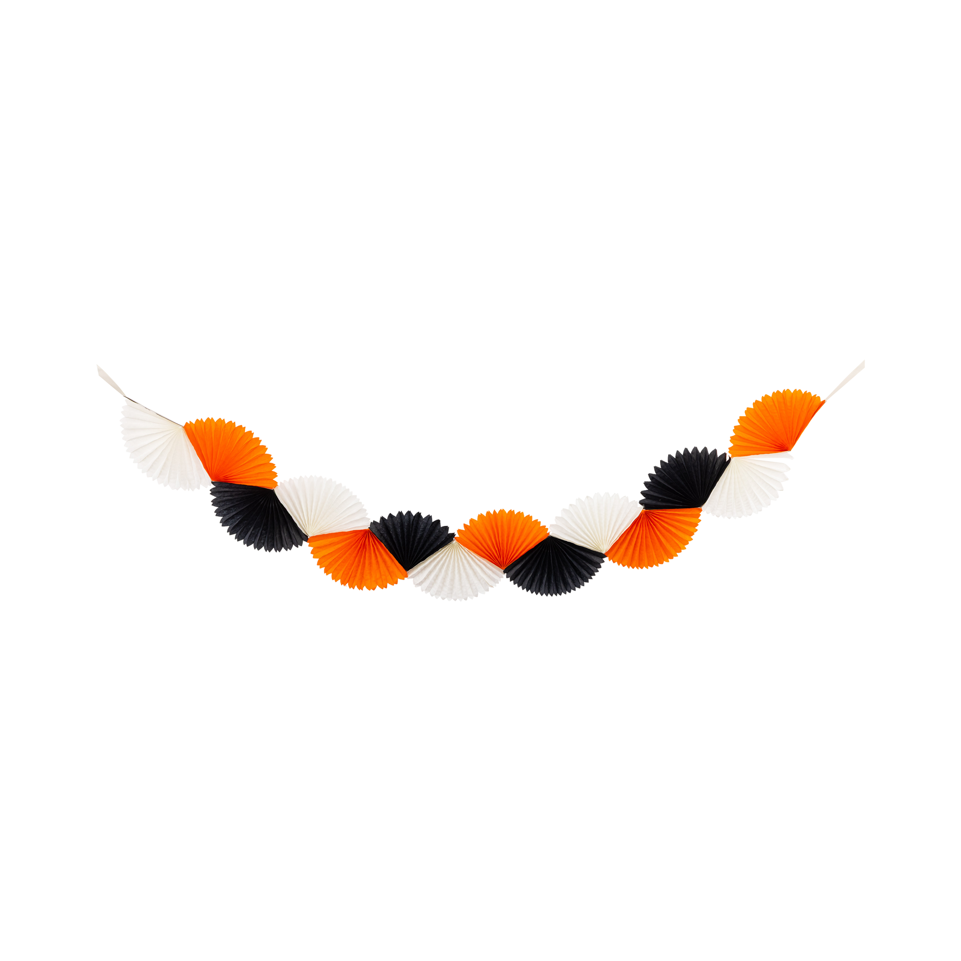Decorative garland with orange, black, and white fans on a white background