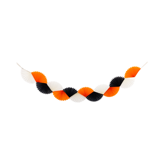 Decorative garland with orange, black, and white fans on a white background