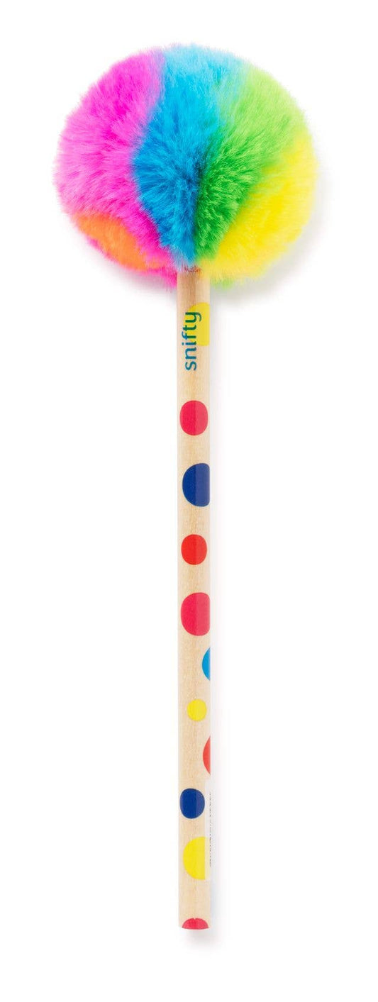 Polka dot pencil with multicolor pom pom on top on a white background