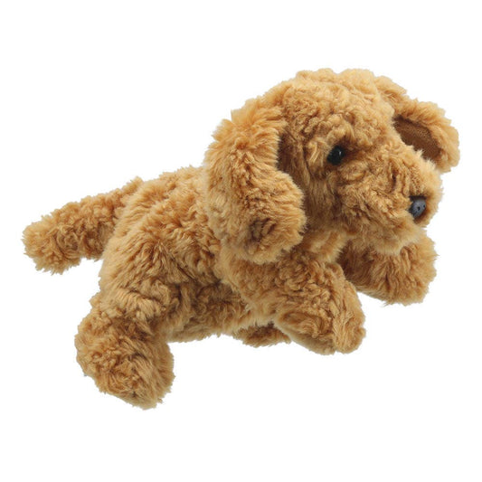 Brown plush dog puppet on a white background