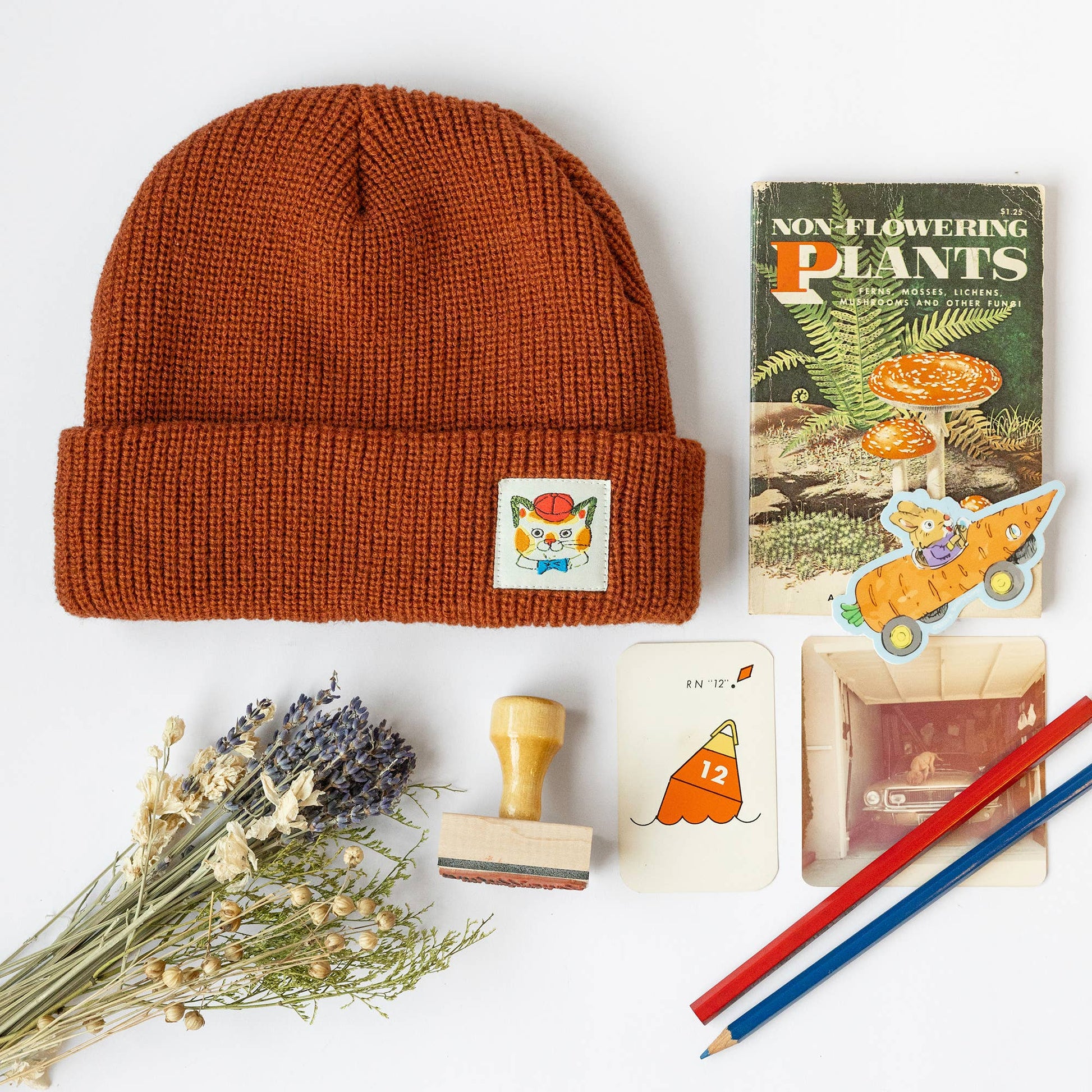 Brown beanie with a cat patch, book, notebook, stamps, and pencils on a white background