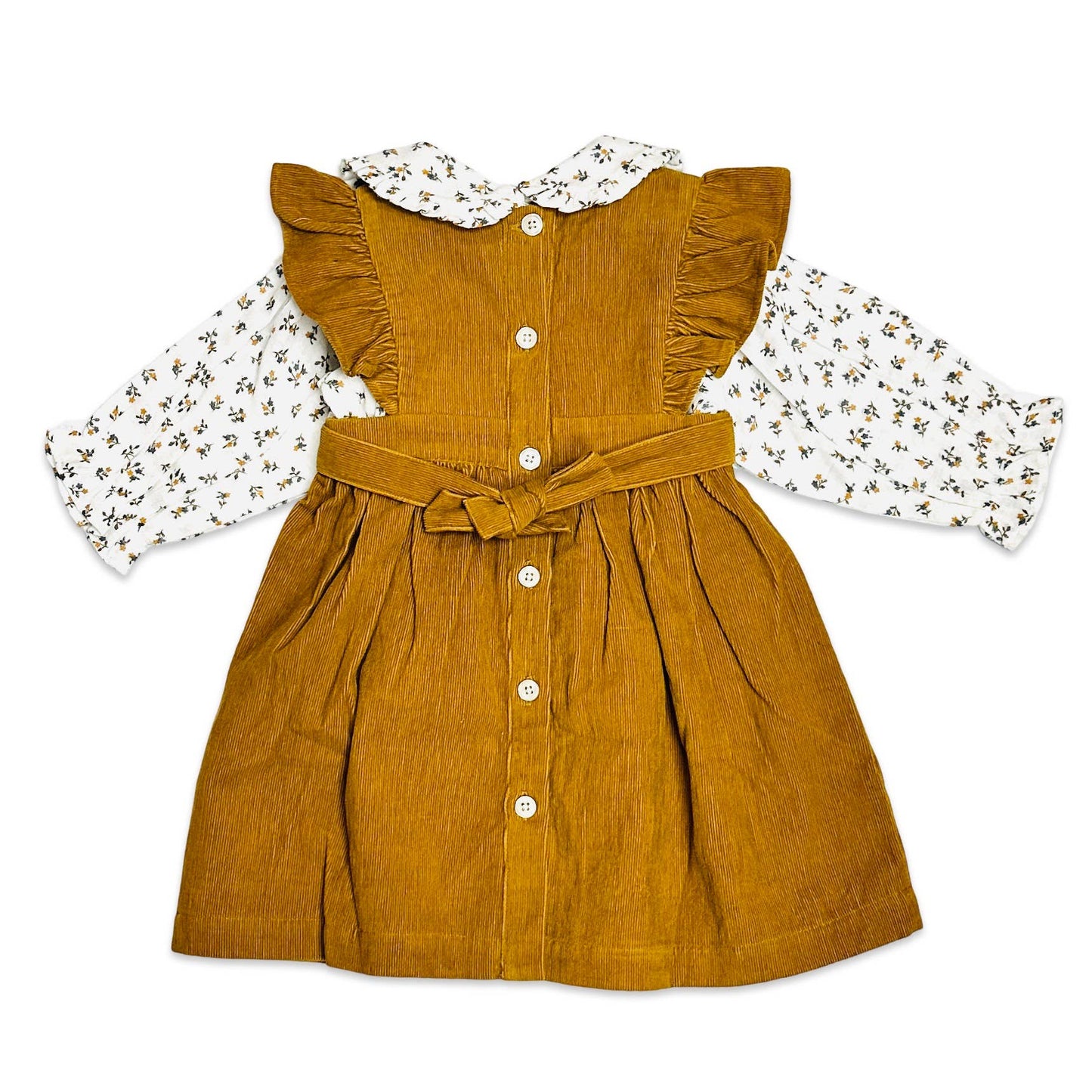 Corduroy Pinafore Baby Dress + Floral Shirt SET (Organic)