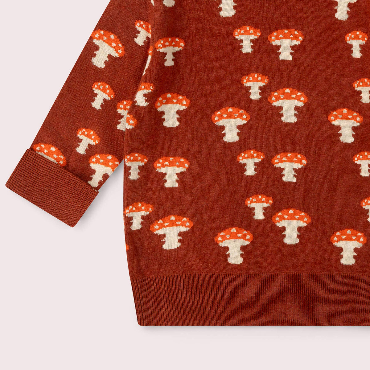 Detail of mushroom motifs, ribbed cuff and hem on a rust knitted jumper.