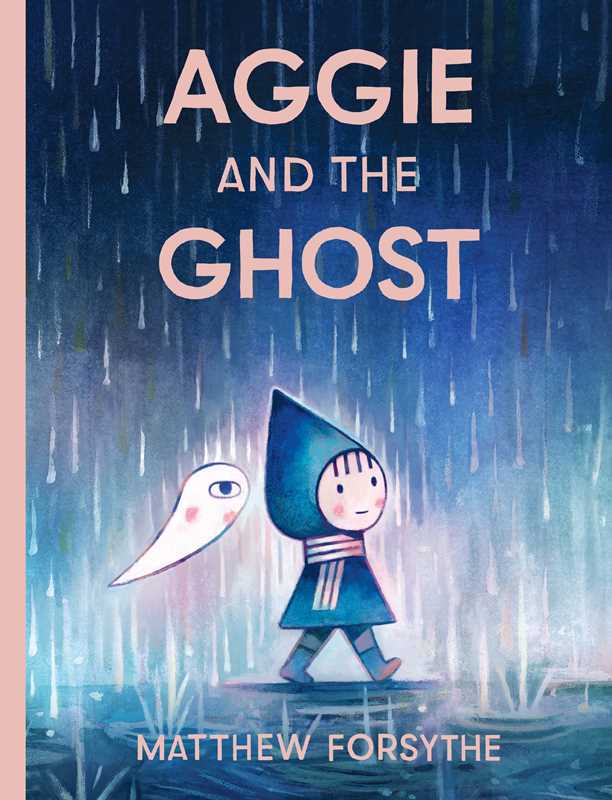 Book cover of 'Aggie and the Ghost' with a child in a blue hood and a ghost in a rainstorm.