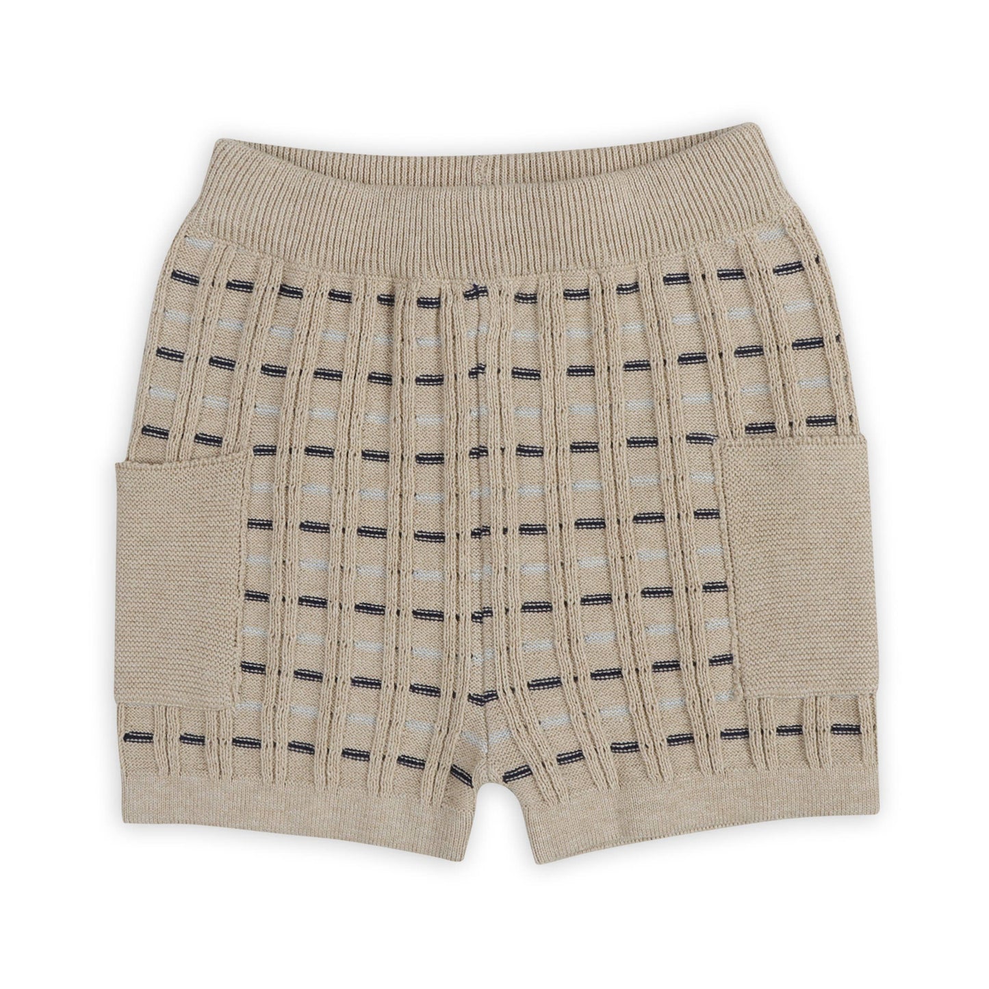 Beige shorts with a subtle pattern on a white background
