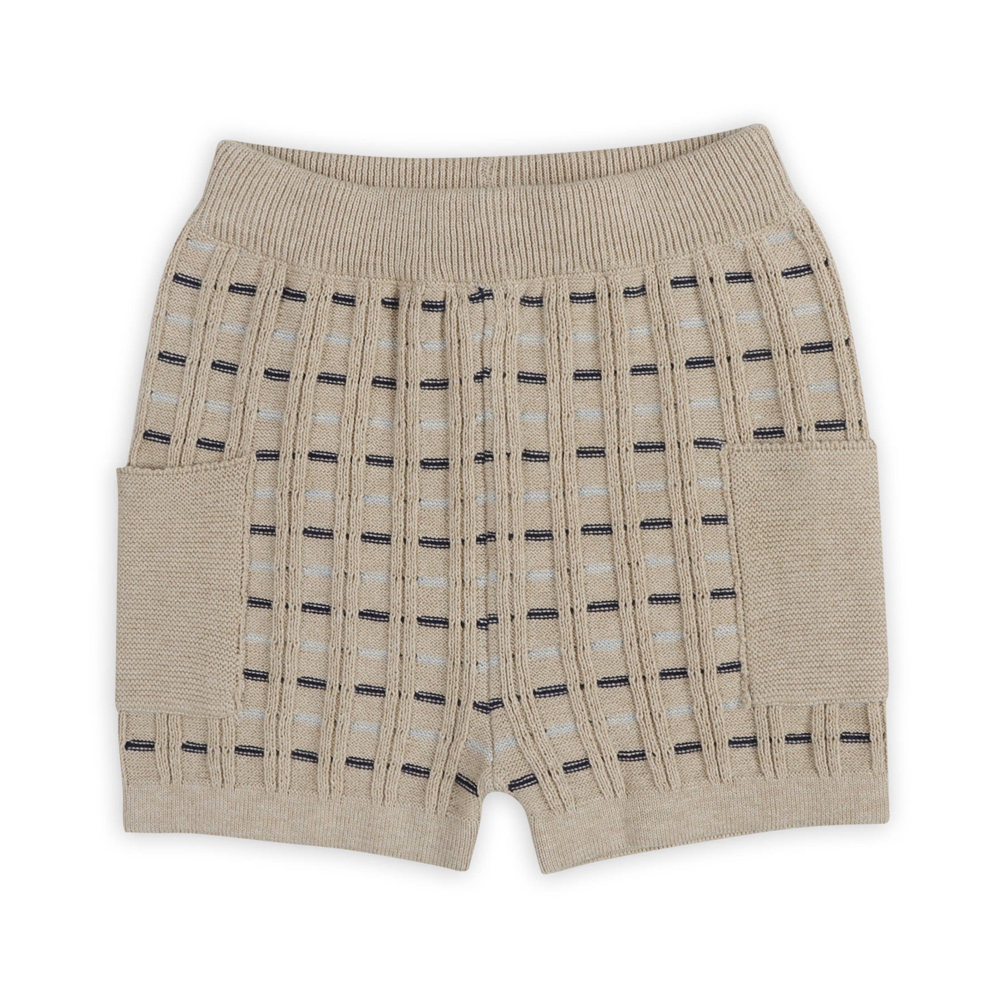 Beige shorts with a subtle pattern on a white background