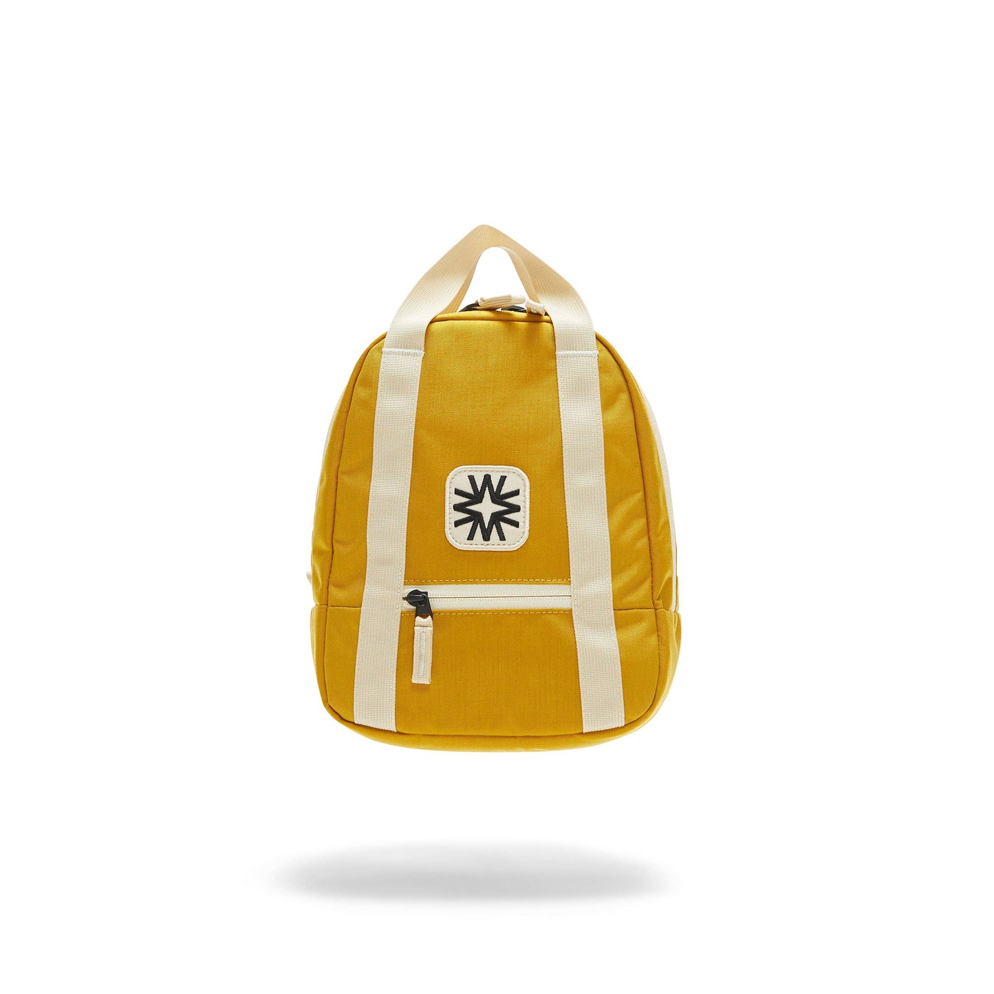 yellow kids backpack with ivory straps and a black and white embroidered design on the front, on a white background
