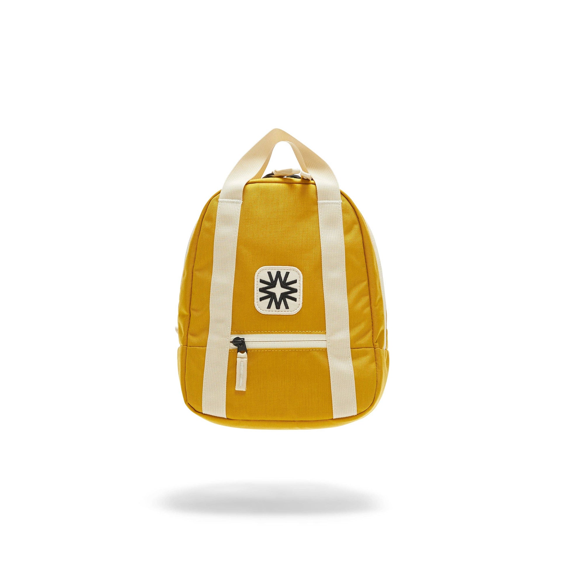 yellow kids backpack with ivory straps and a black and white embroidered design on the front, on a white background