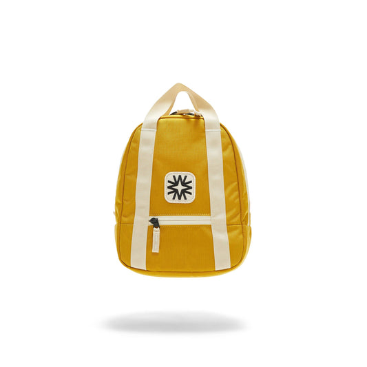 yellow kids backpack with ivory straps and a black and white embroidered design on the front, on a white background