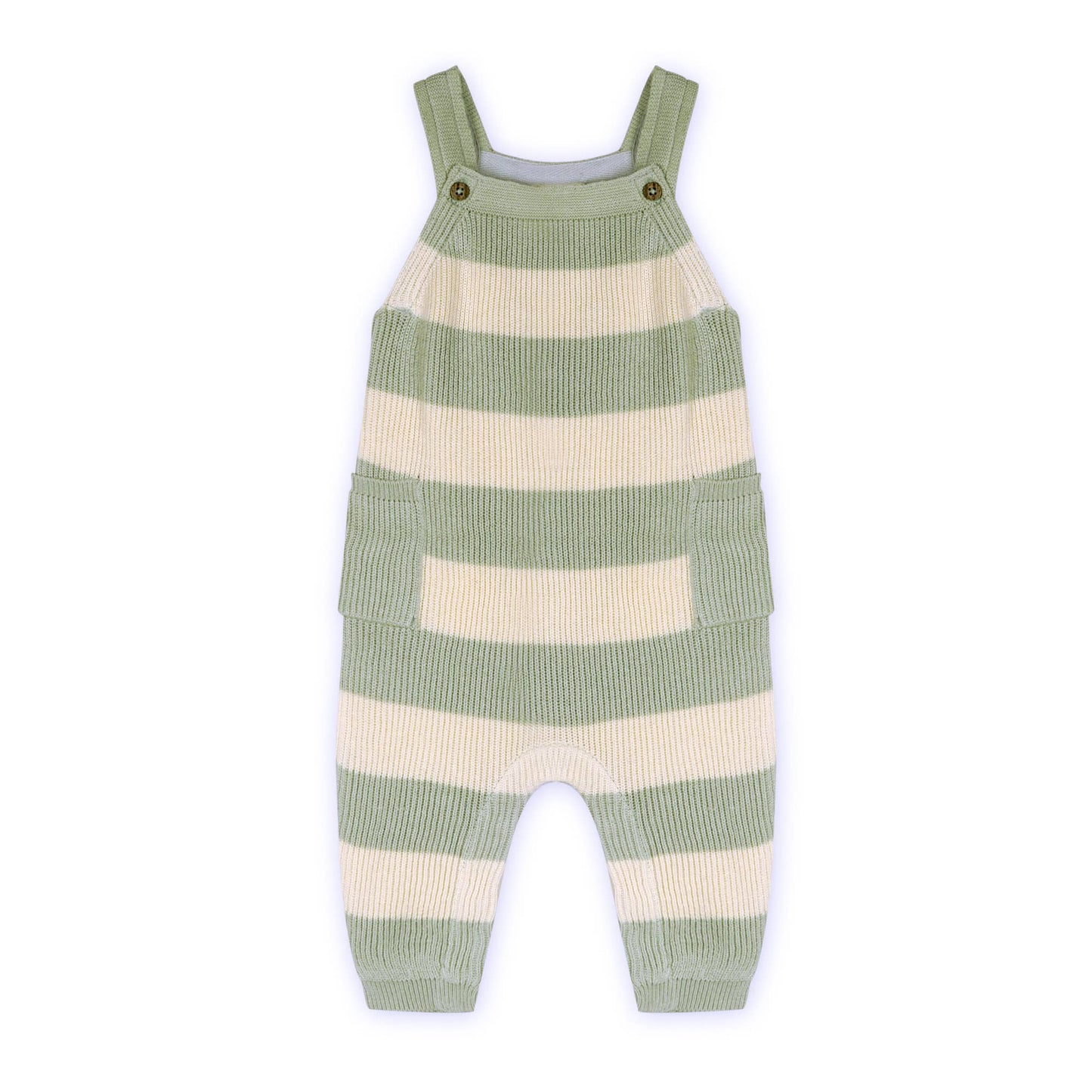 Green and beige striped baby romper on a white background