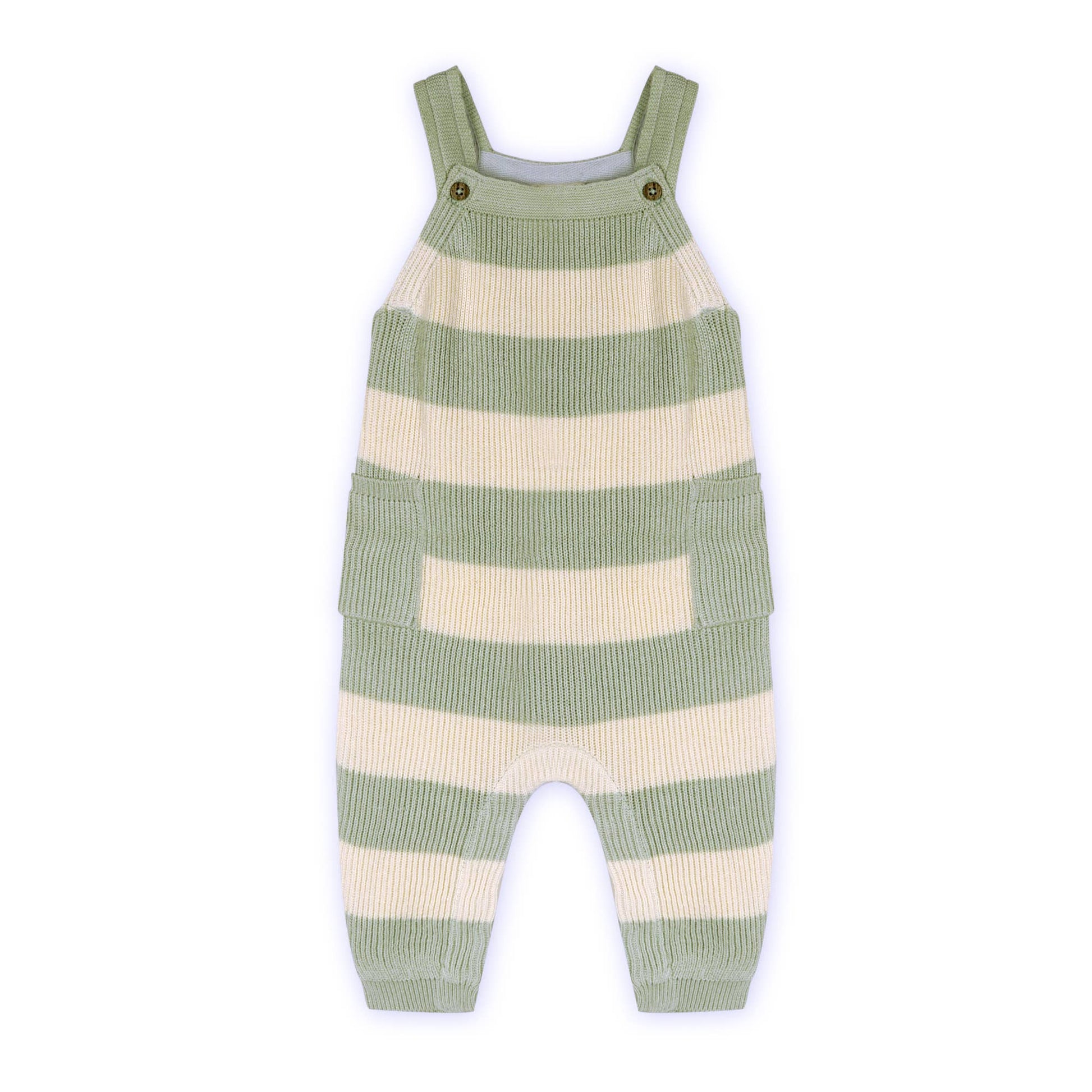 Green and beige striped baby romper on a white background