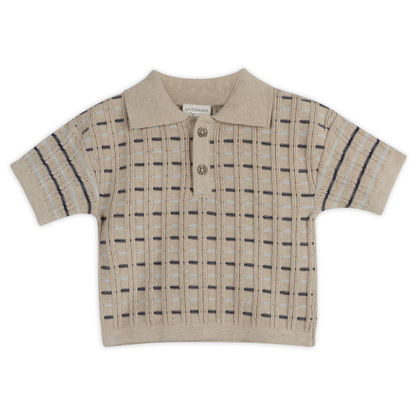 Beige short-sleeve shirt with plaid pattern on a white background