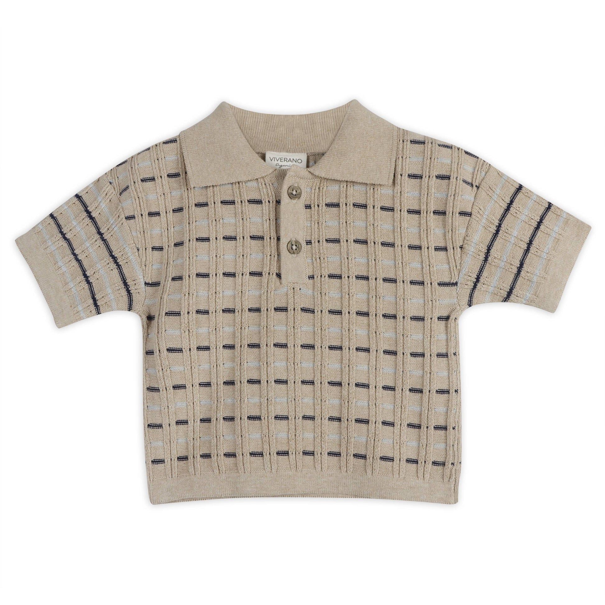 Beige short-sleeve shirt with plaid pattern on a white background