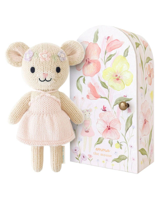 Knitted mouse toy with floral packaging on a white background