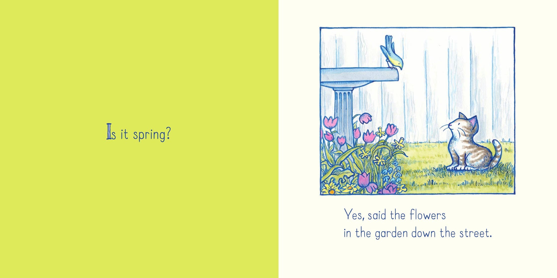 Illustration of a cat and bird by a garden with text questioning if it's spring.