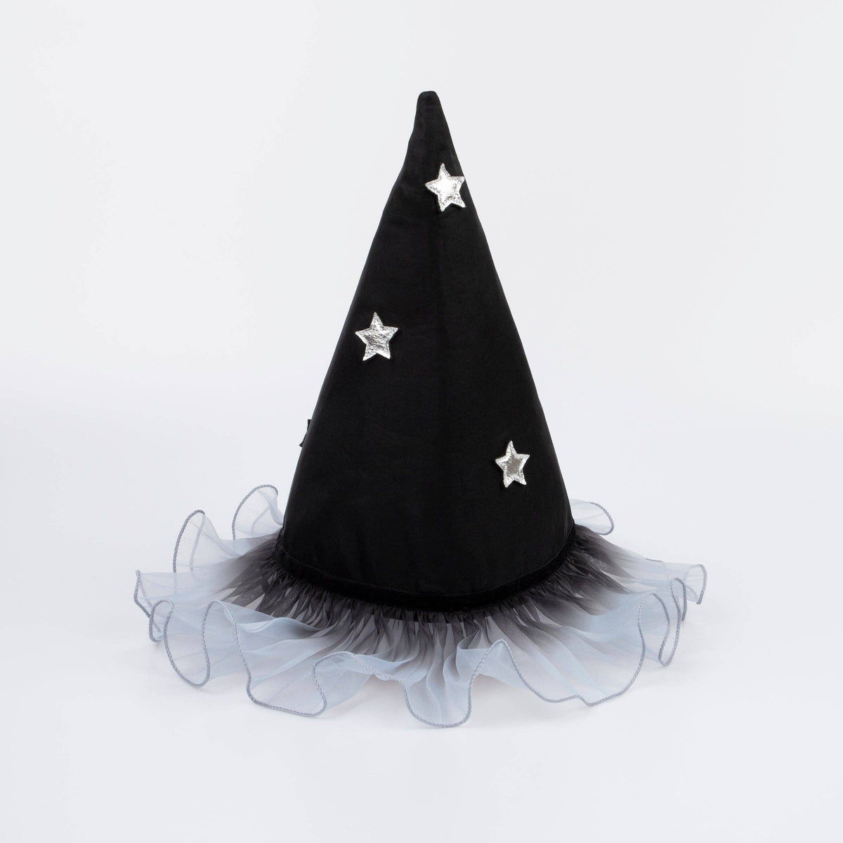 Black witch hat with stars and a sheer skirt on a white background