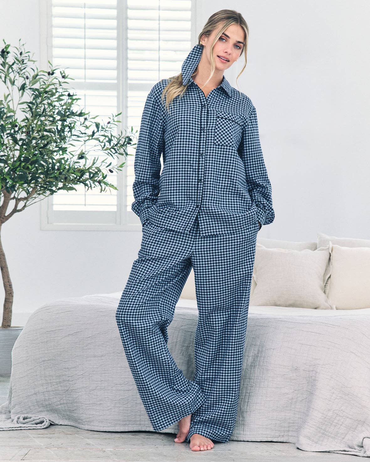 Organic Cotton Gingham Check Long Pyjama Set - Blue