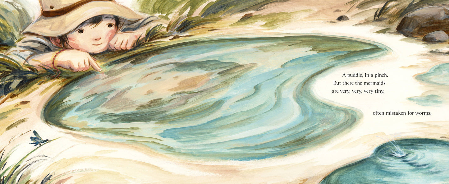 Illustration of a child by a pond with text overlay