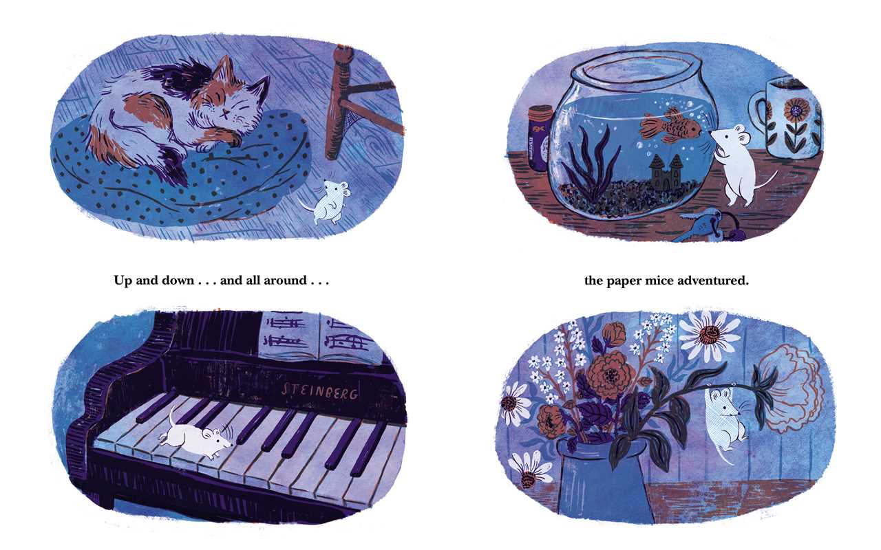 Illustrations of a cat, fishbowl, piano, and flowers with text on a white background